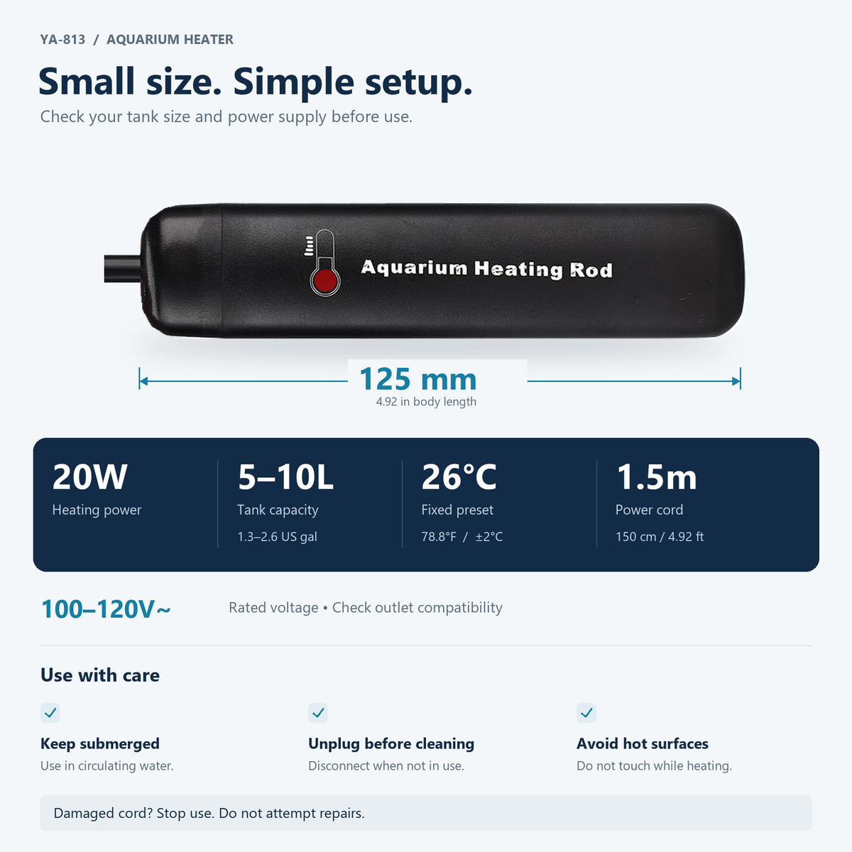 Compact 20W mini aquarium heater with 4.92 inch body length