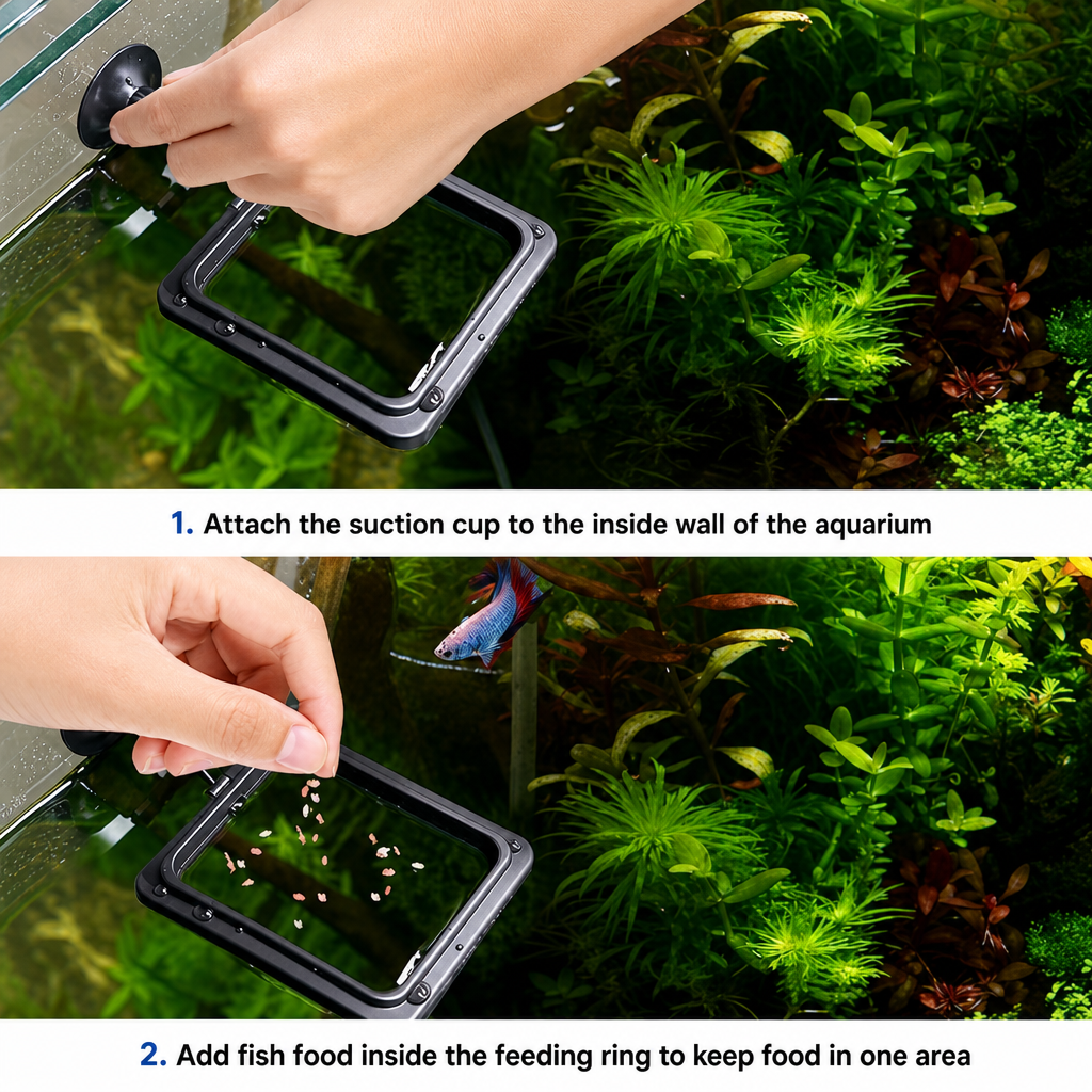 Aquarium feeding ring set attached to tank wall with suction cup
