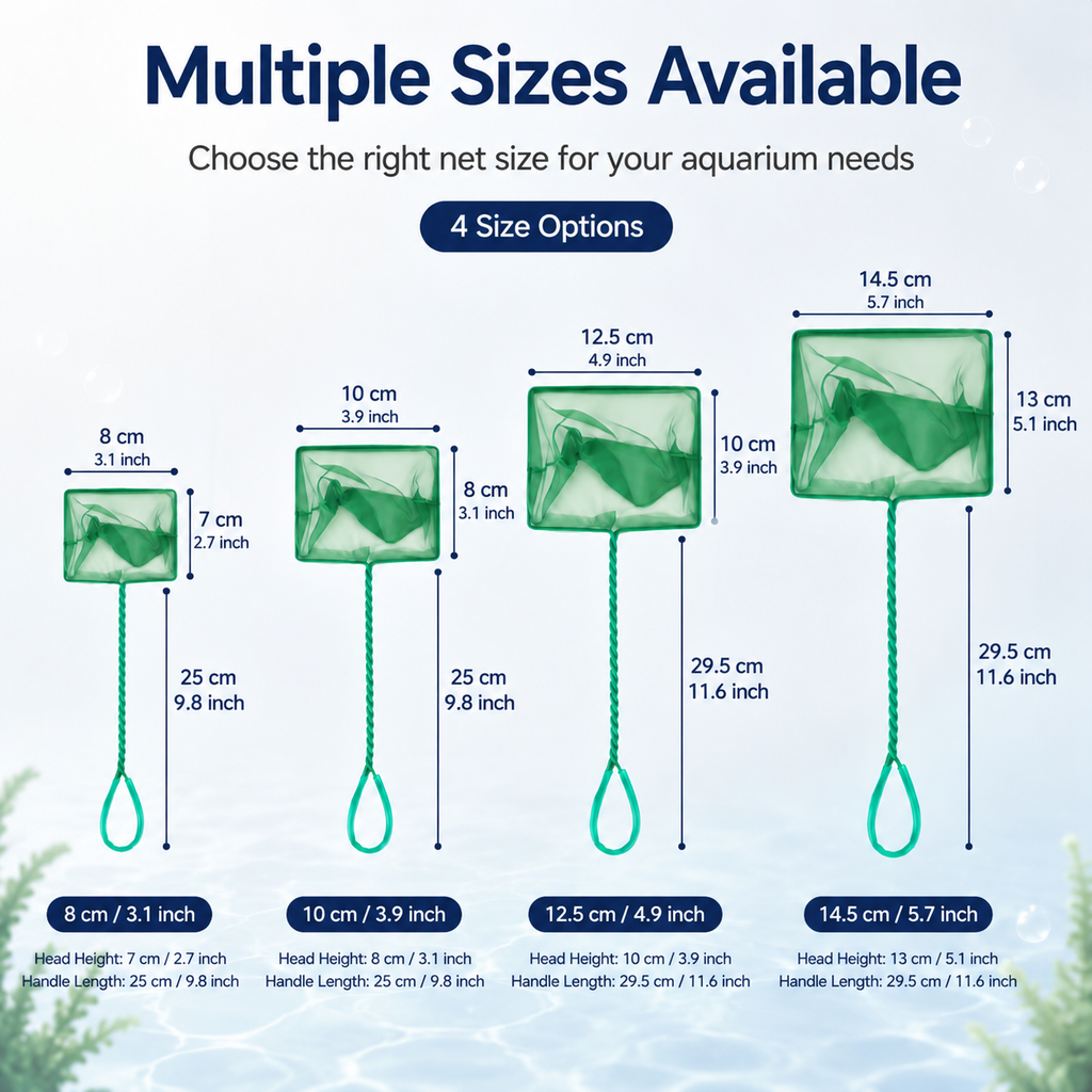 Aquarium fish net size chart with 4 available sizes
