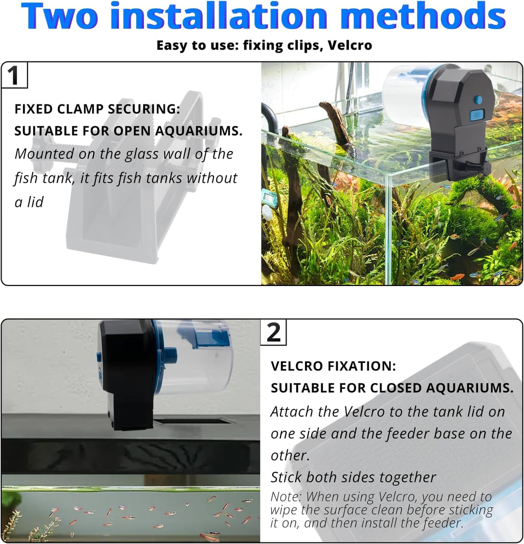 Automatic fish feeder clamp and Velcro installation methods