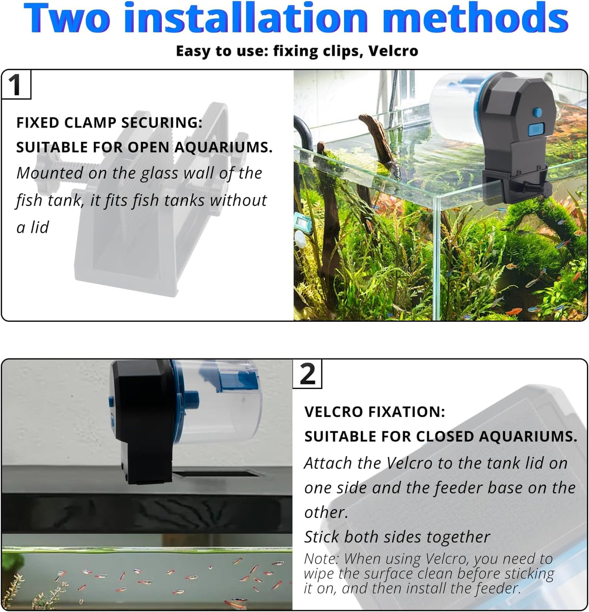 Automatic fish feeder clamp and Velcro installation methods