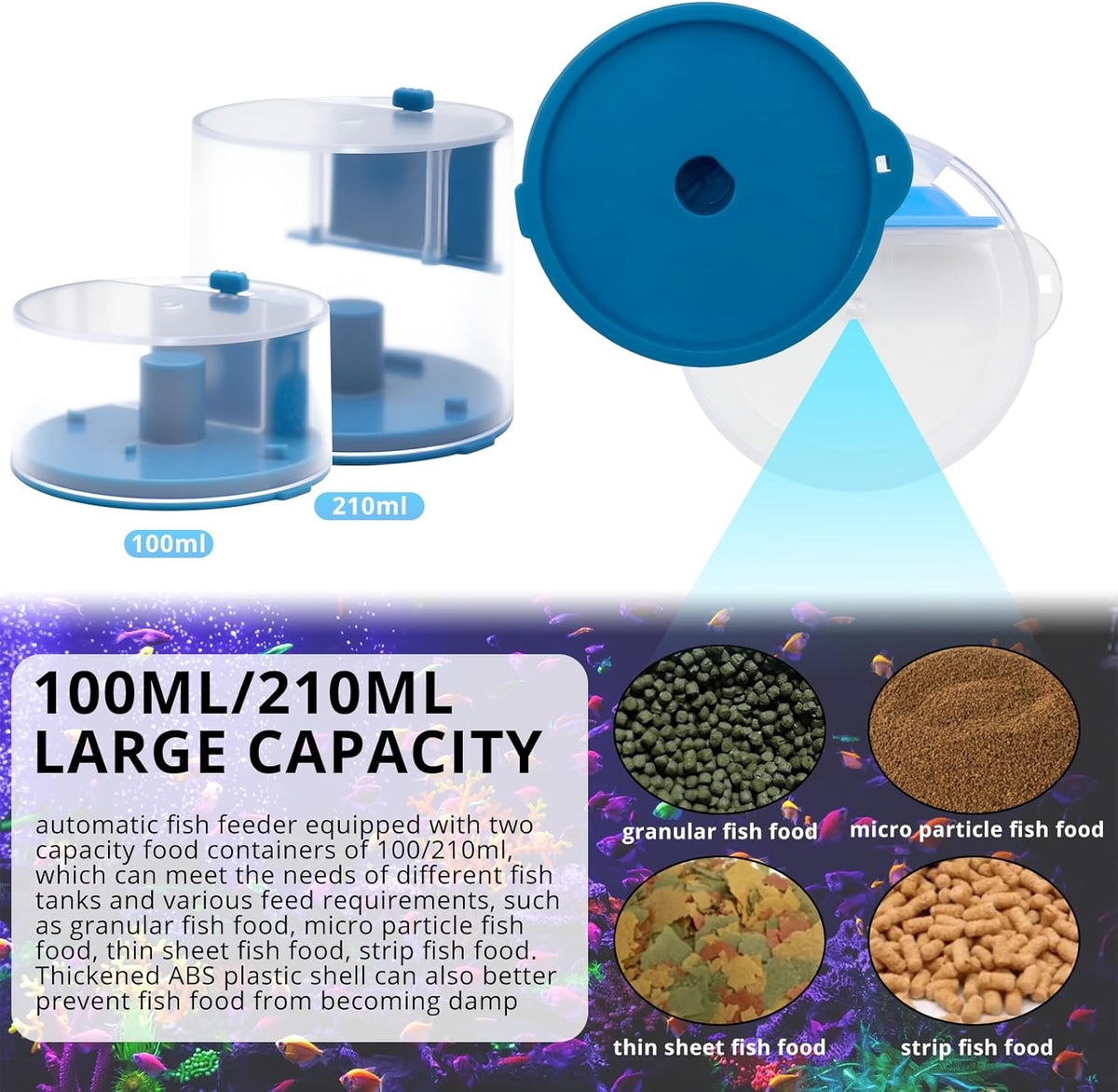 Automatic fish feeder with 100ml and 210ml feed containers