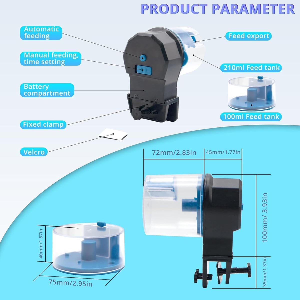 Automatic fish feeder with 100ml and 210ml feed containers
