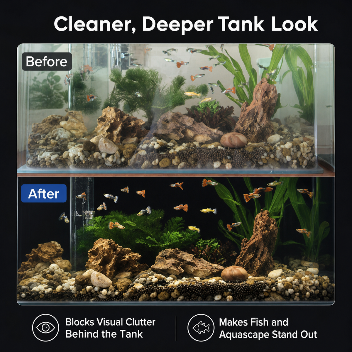 Before and after using black aquarium background film