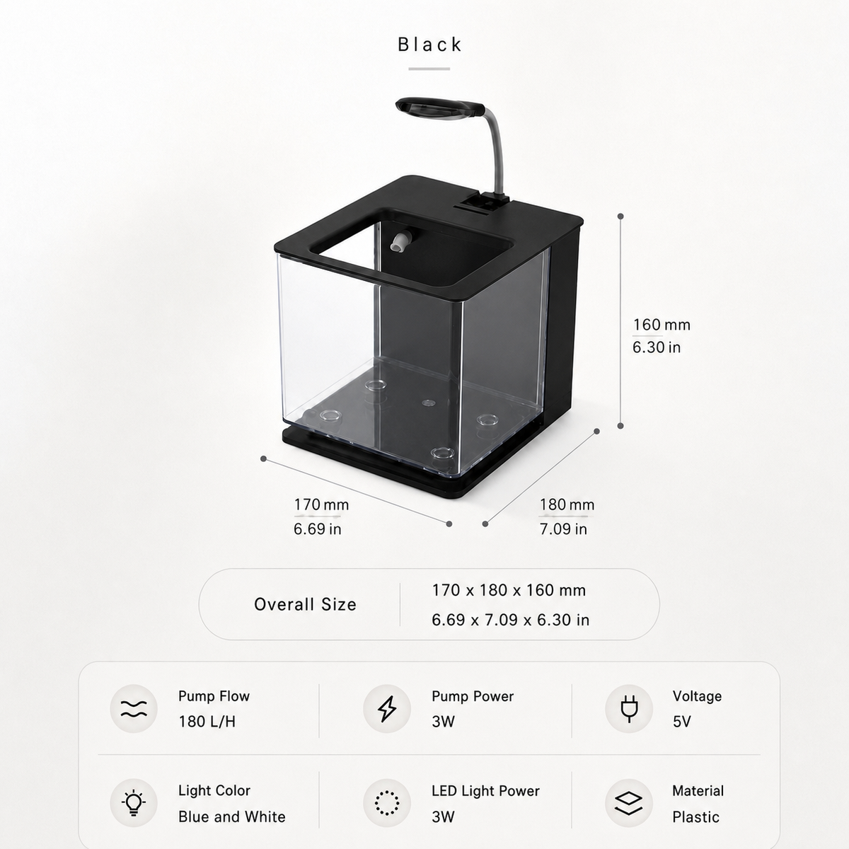 Black desktop aquarium starter kit size and specifications