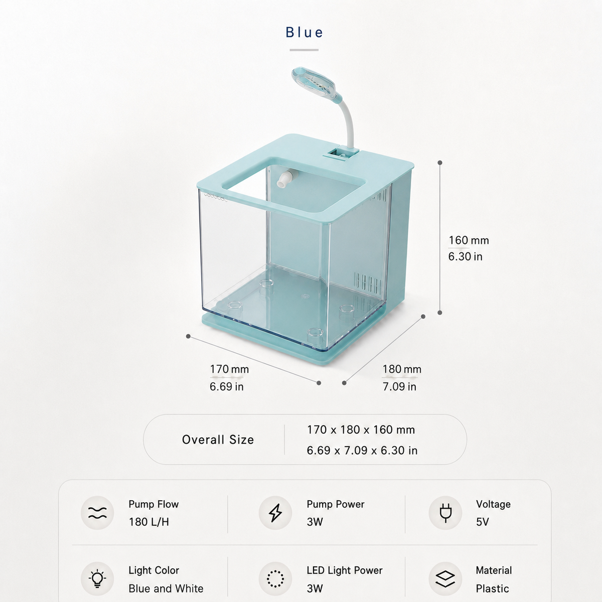 Blue desktop aquarium starter kit size and specifications