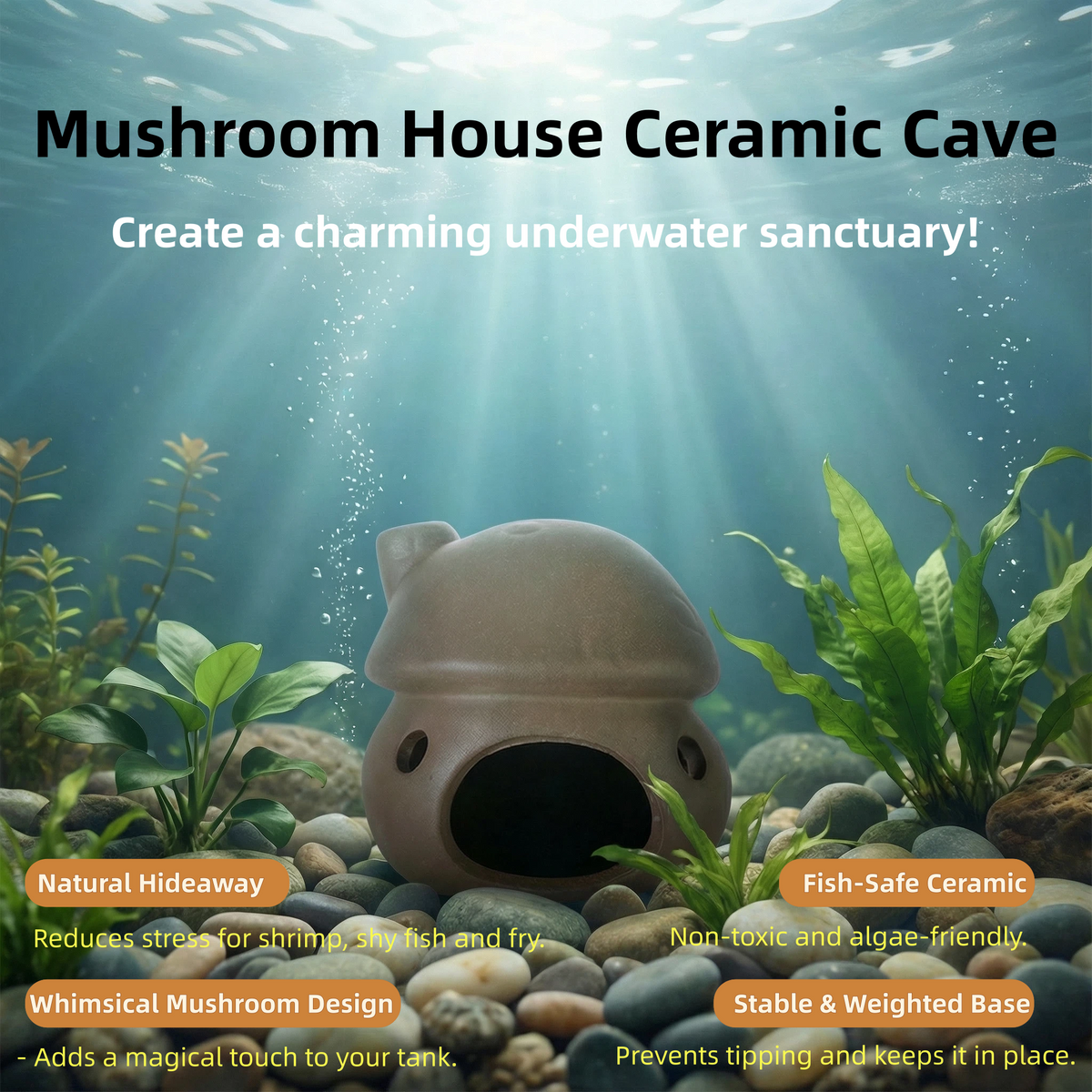 Ceramic mushroom house aquarium cave with multiple openings

