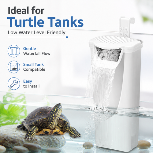 Compact turtle tank filter for shallow water level use
