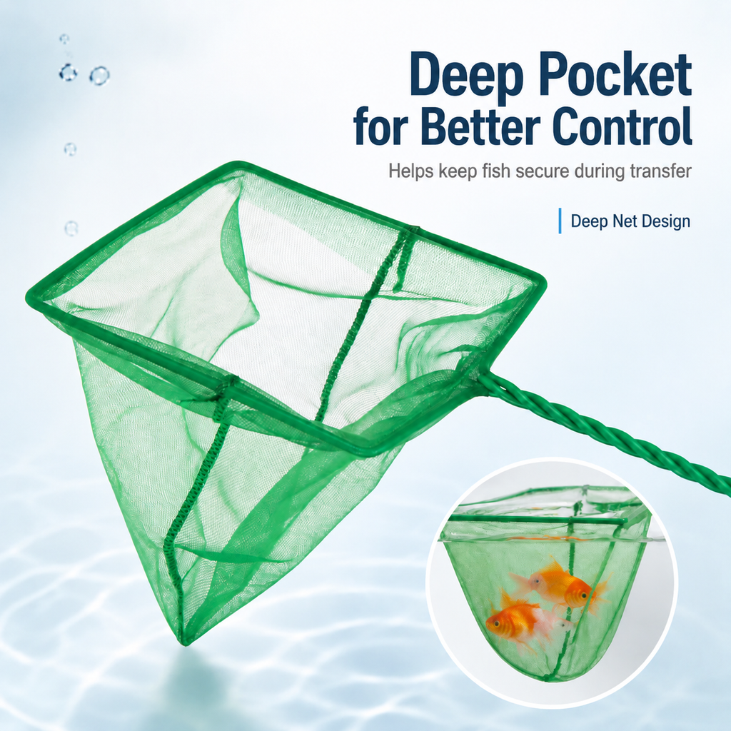 Deep pocket aquarium fish net for better fish control
