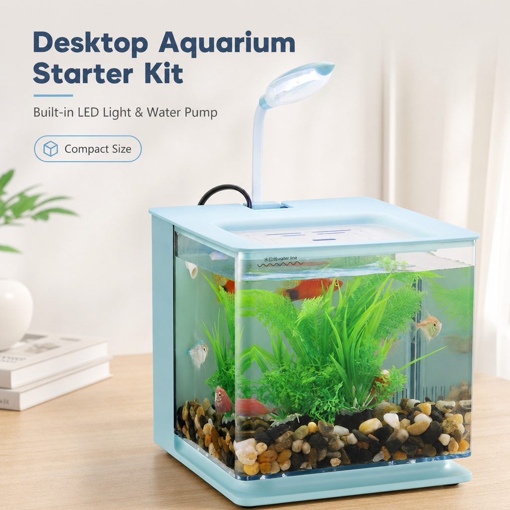 Desktop aquarium with built in LED light and water circulation system

