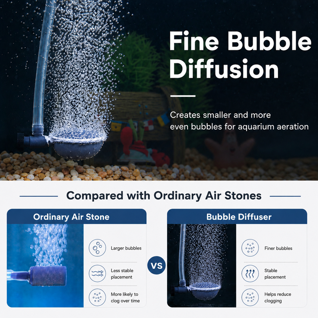 Fine bubble diffusion vs ordinary air stone comparison — adjustable aquarium aerator mist output
