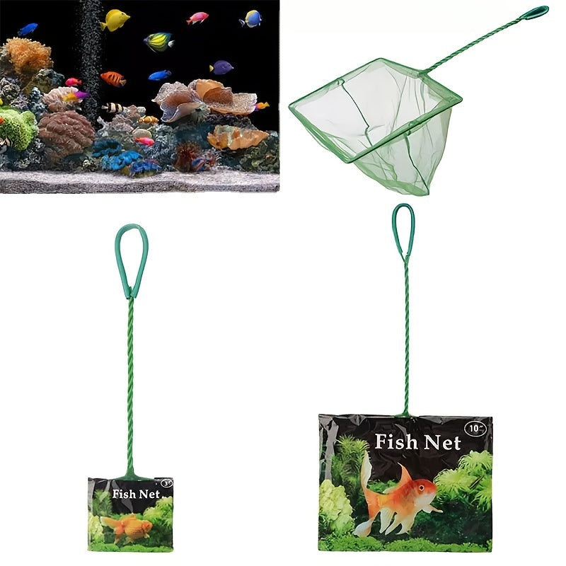 Fine mesh aquarium fish net with long handle in fish tank
