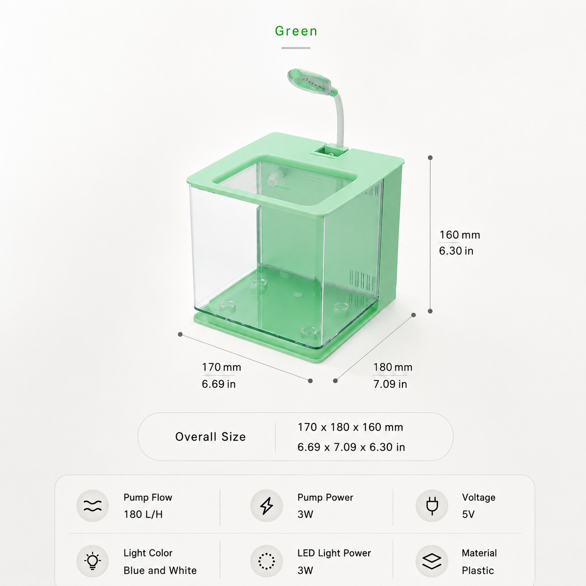 Green desktop aquarium starter kit size and specifications

