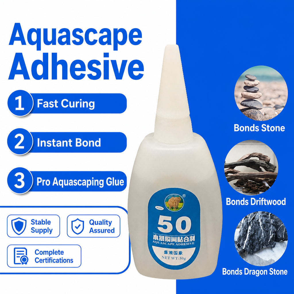KSY 50g aquascape adhesive result — moss bonded to driftwood in planted aquarium tank
