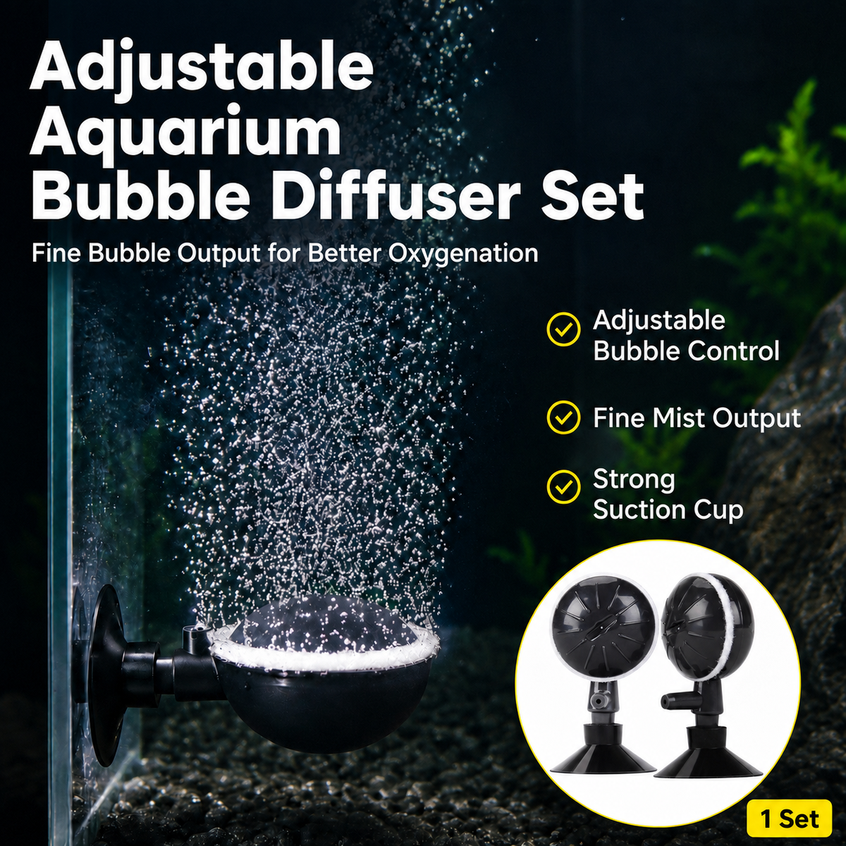 KSY Aquatics adjustable aquarium bubble diffuser fine mist air stone with suction cup — 1 set
