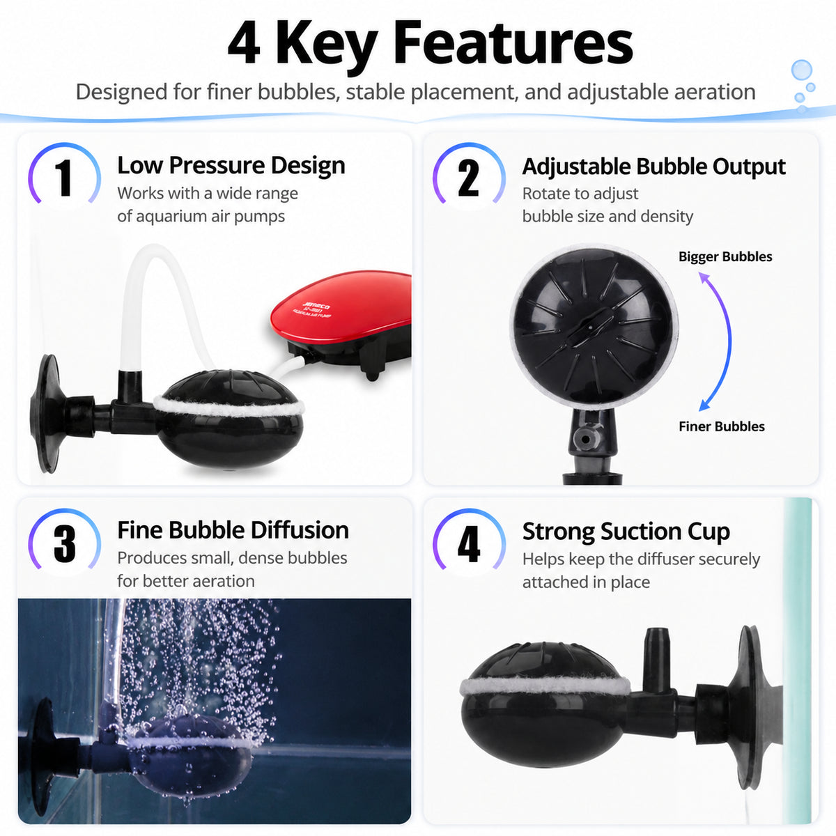 KSY adjustable bubble diffuser connected to airline tubing in aquarium — fine mist output
