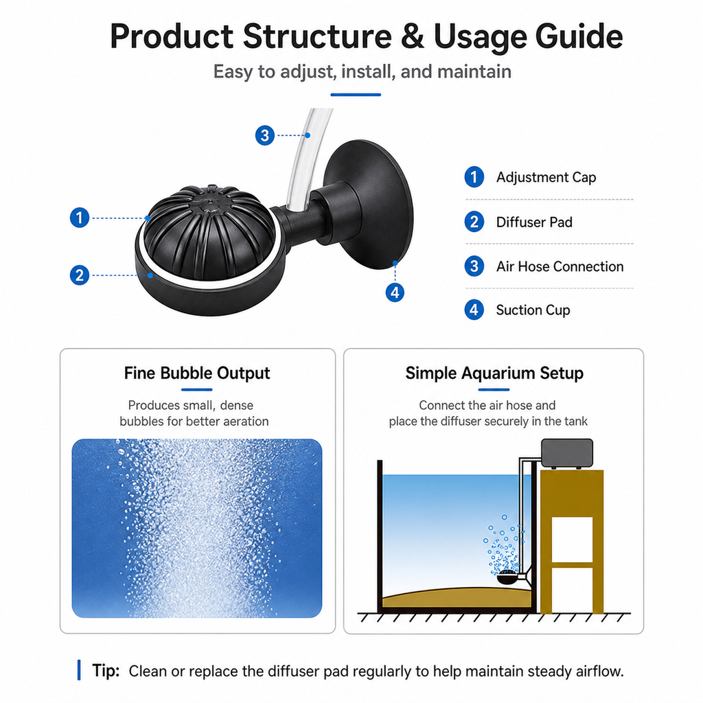 KSY aquarium bubble diffuser product detail — adjustable control knob ceramic plate suction cup
