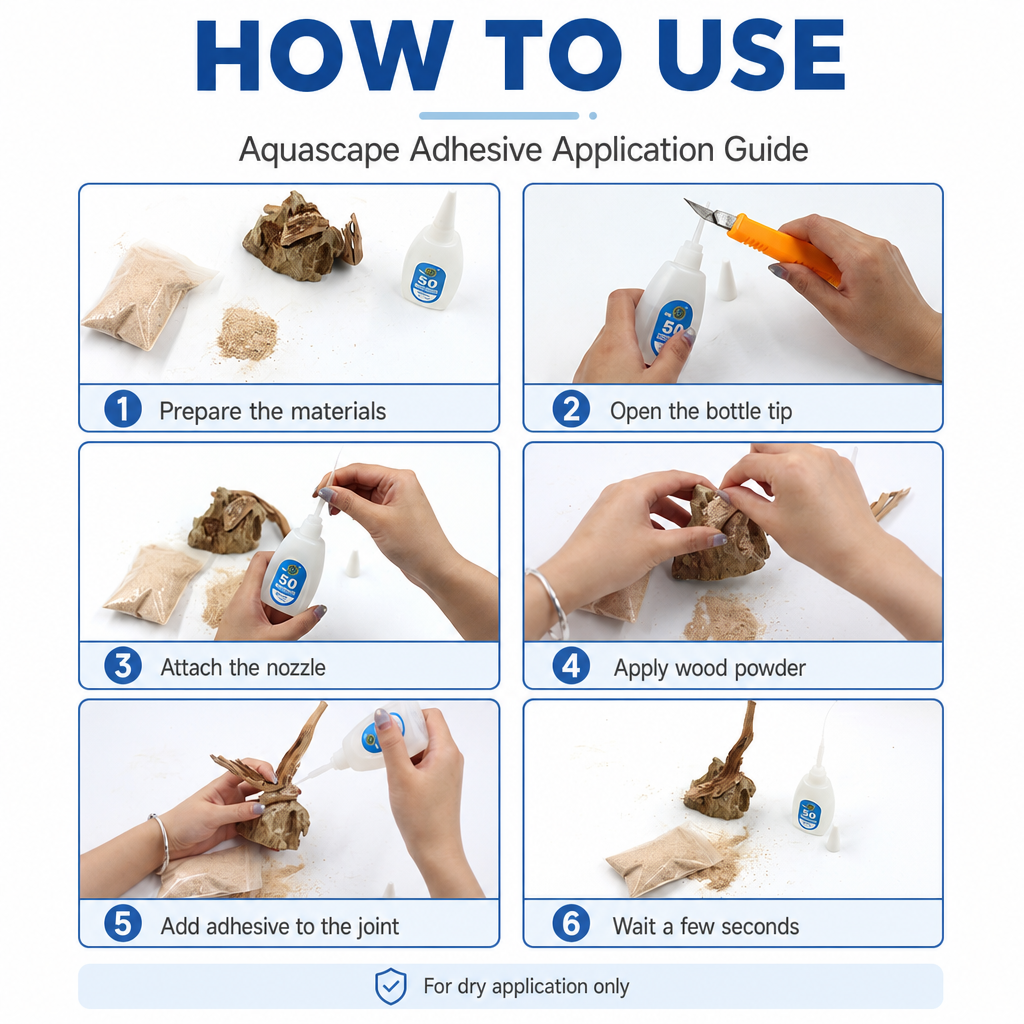 KSY aquascape glue precision nozzle — apply directly on wet rock wood moss surface
