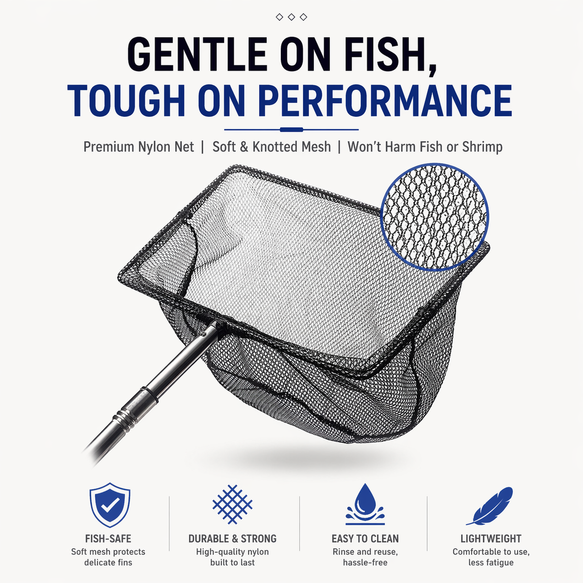 KSY telescopic fish net close-up — soft nylon mesh gentle catch for small fish shrimp
