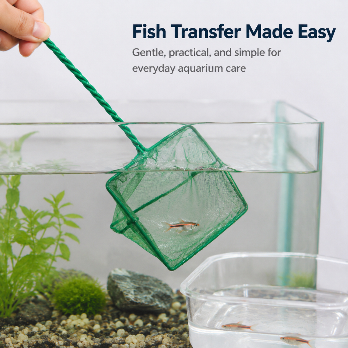 Long handle aquarium fish net detail view
