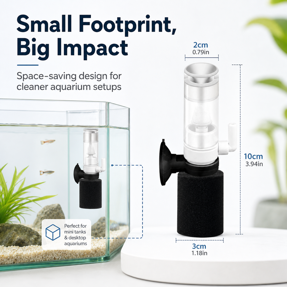 Mini sponge filter structure with suction cup mount and aeration