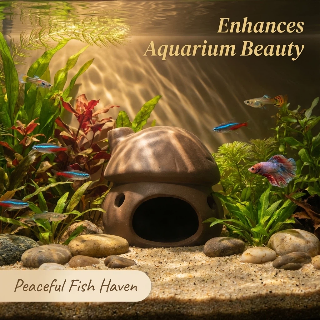 Mushroom house ceramic cave in planted aquarium scene
