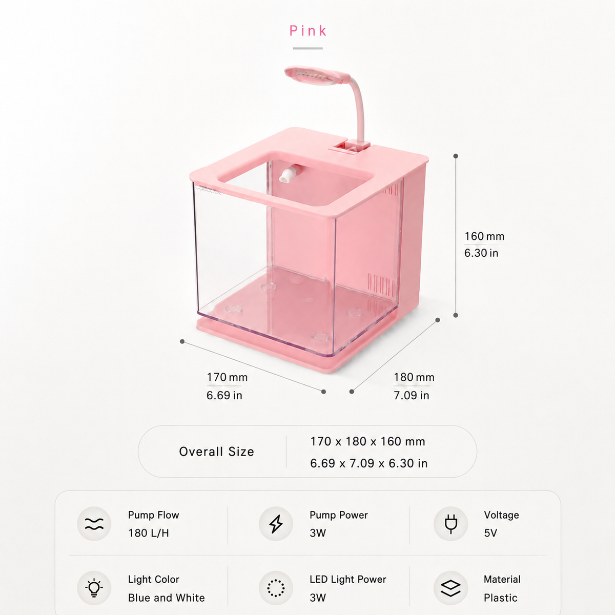 Pink desktop aquarium starter kit size and specifications