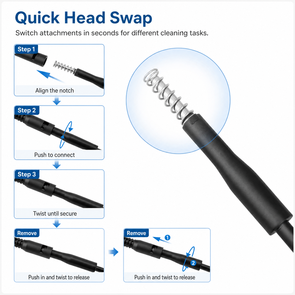 Quick head swap fish tank cleaning handle design
