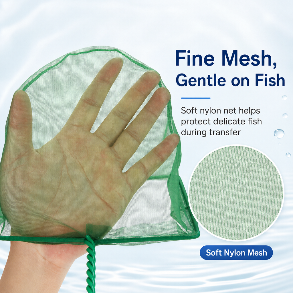 Soft nylon mesh aquarium fish net for gentle fish transfer
