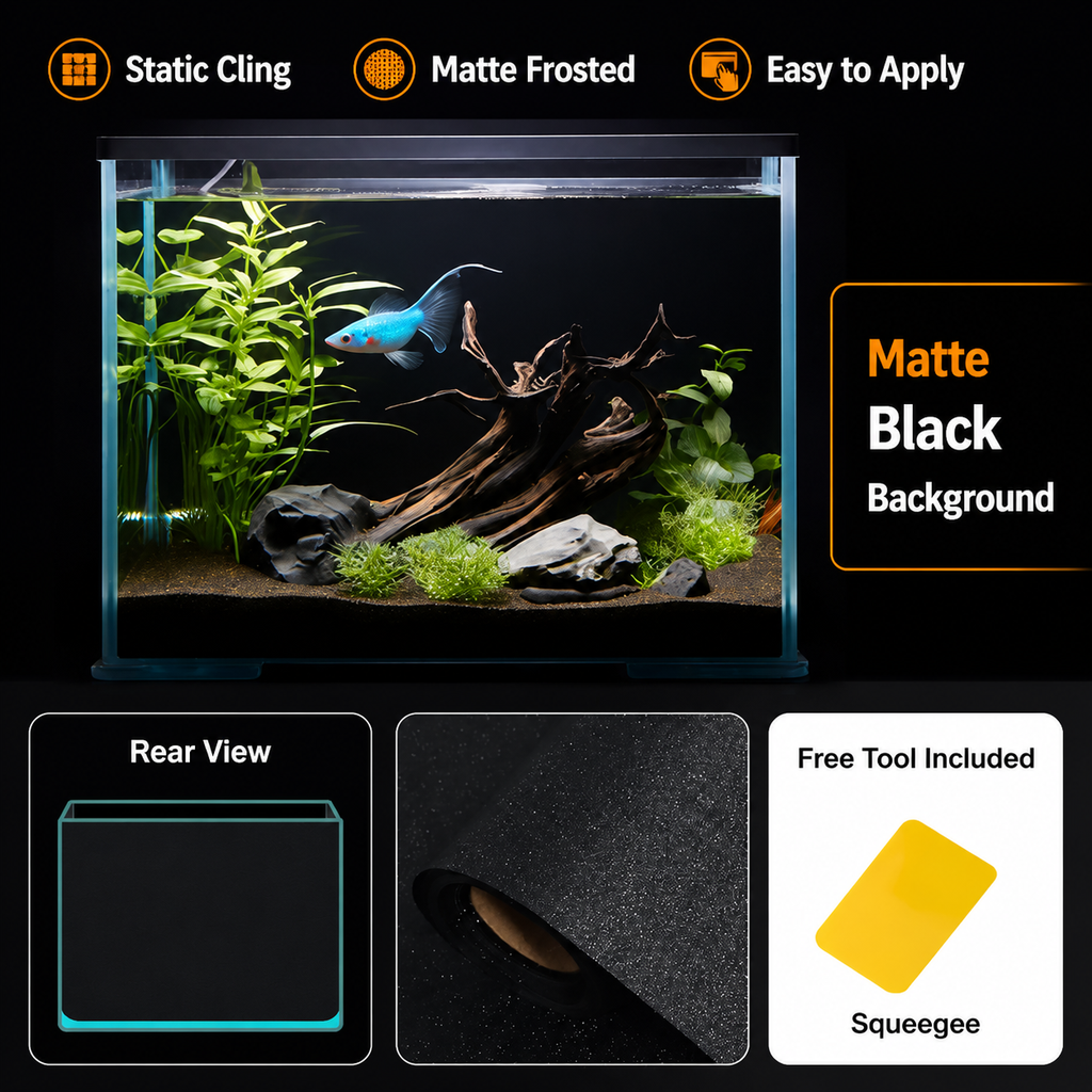 Static cling black aquarium background reusable film features
