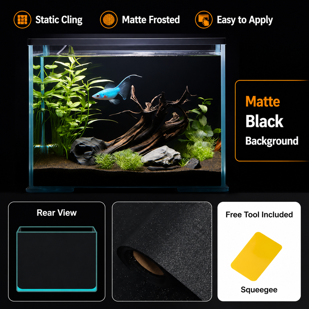 Static cling black aquarium background reusable film features