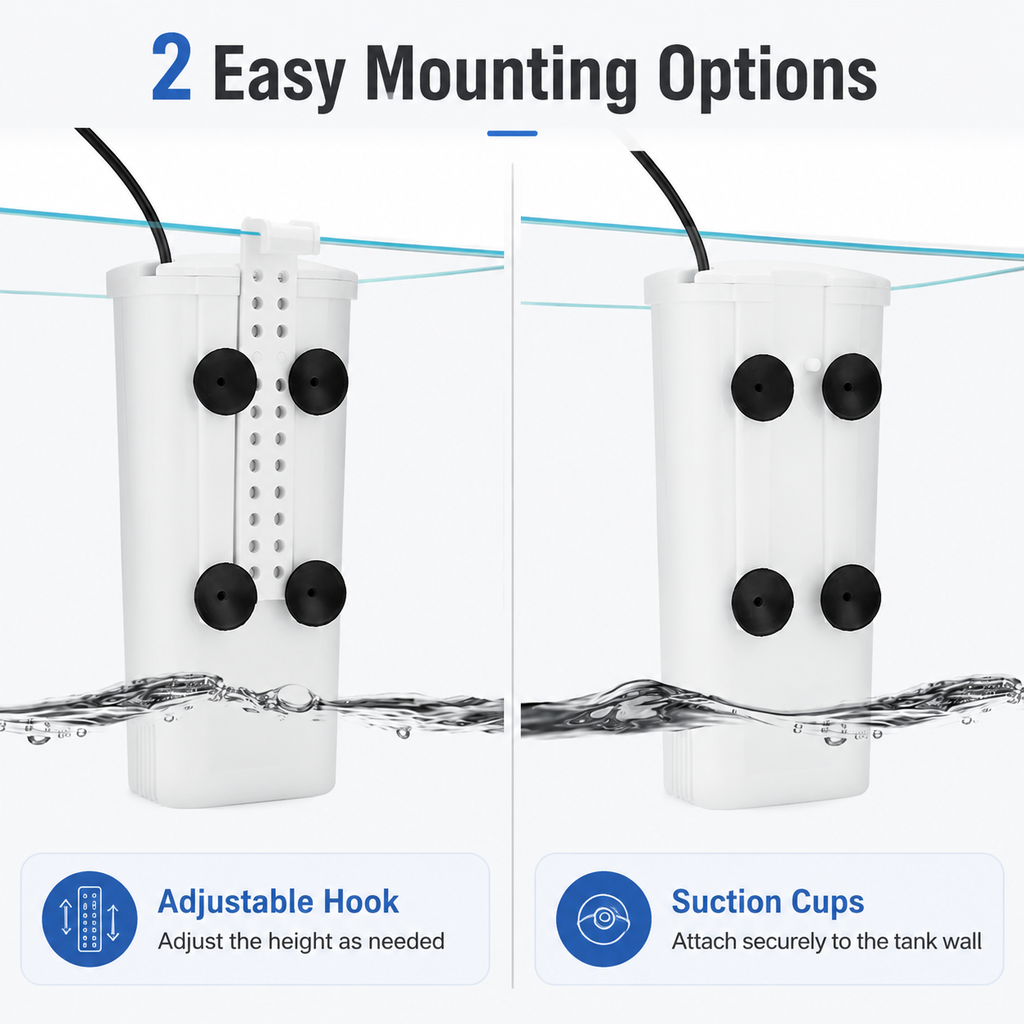 Turtle tank filter with adjustable hook and suction cup mounting options
