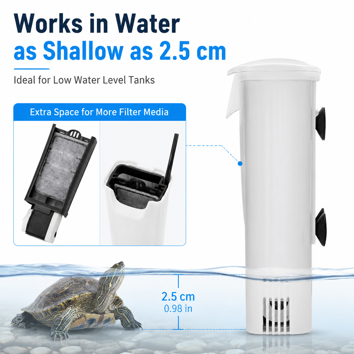 Turtle tank filter works in water as shallow as 2.5 cm
