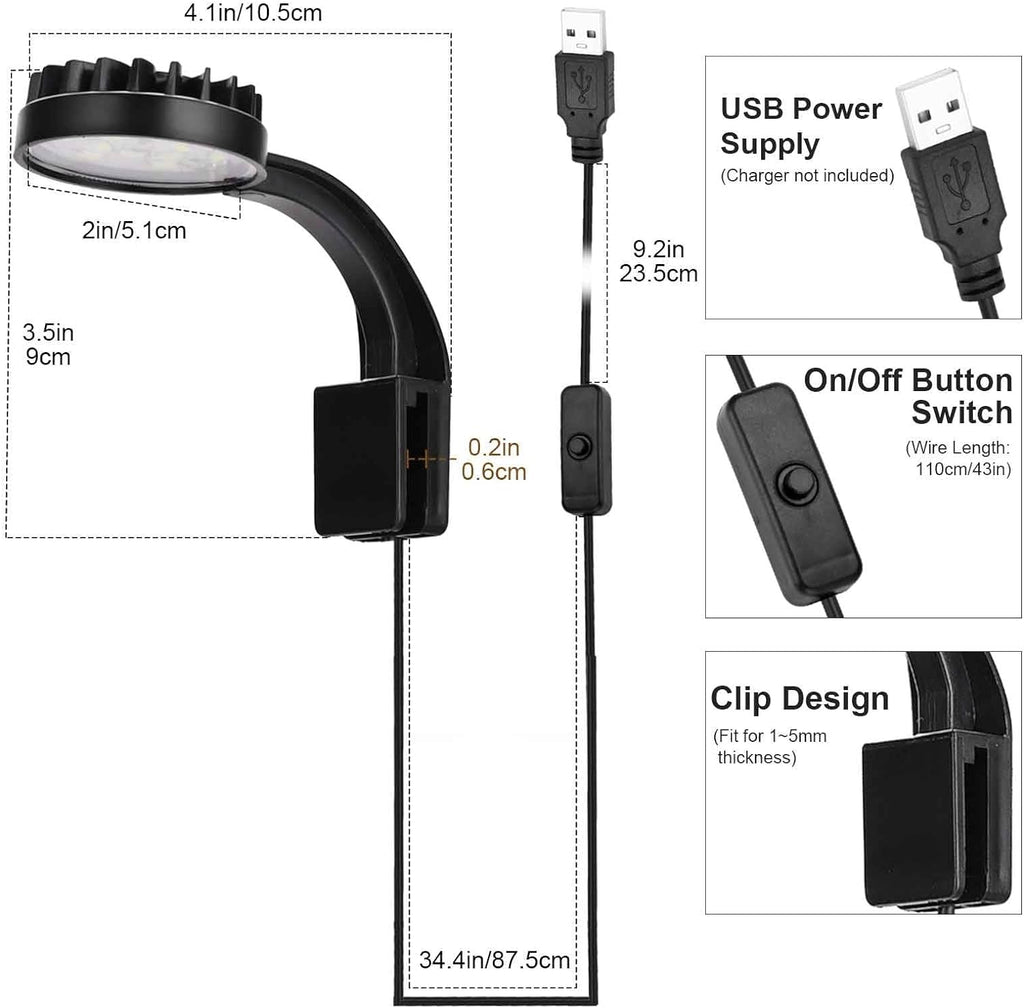 USB clip on aquarium light dimensions and clip fit