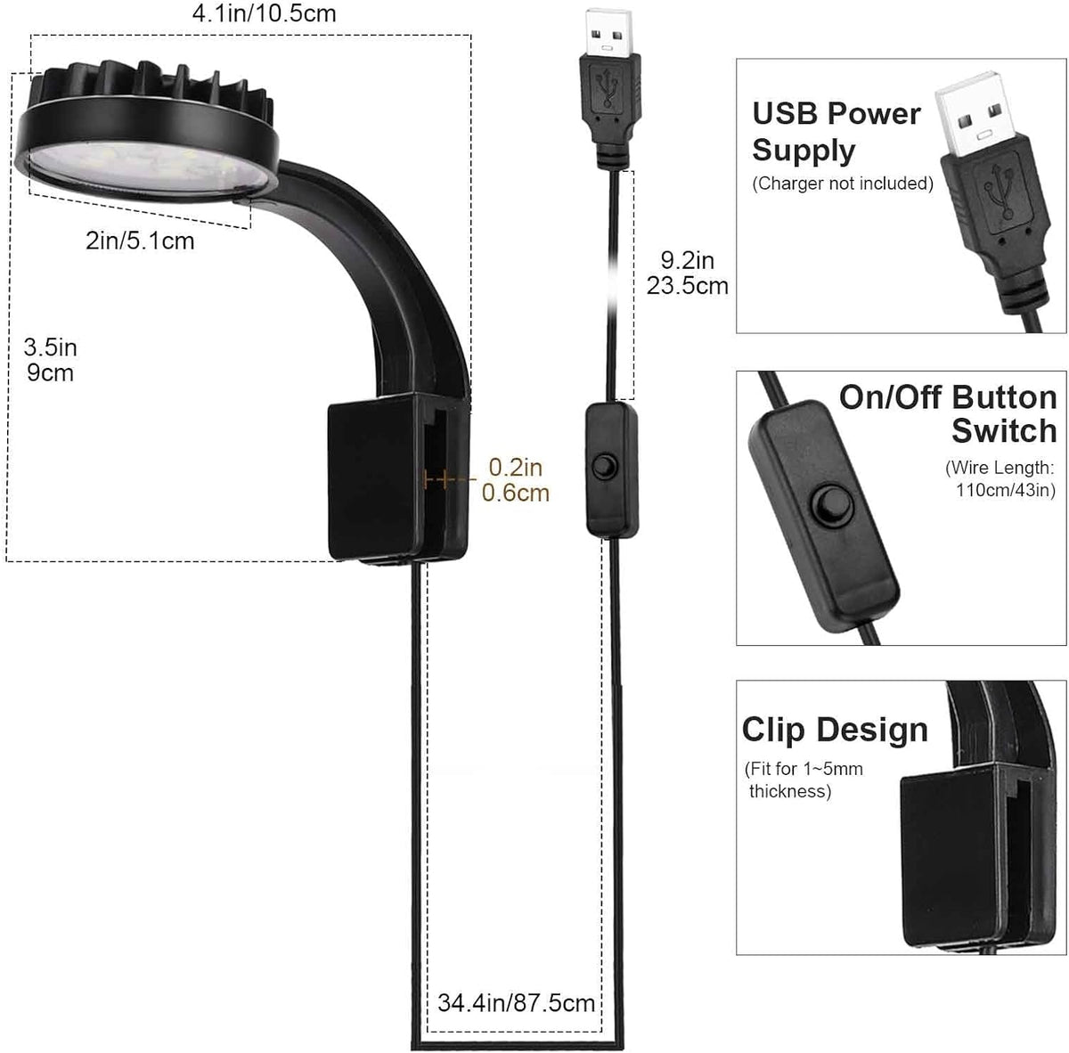 USB clip on aquarium light dimensions and clip fit