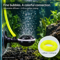 Adjustable aquarium air diffuser producing fine bubbles with yellow airline tubing