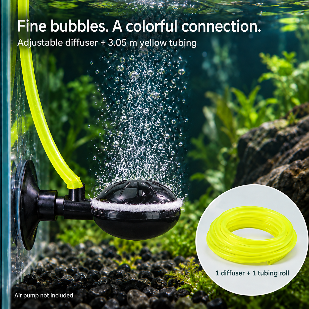 Adjustable aquarium air diffuser producing fine bubbles with yellow airline tubing