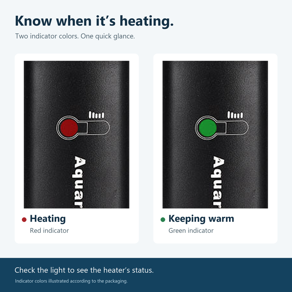 Preset aquarium heater red heating and green keeping warm indicators