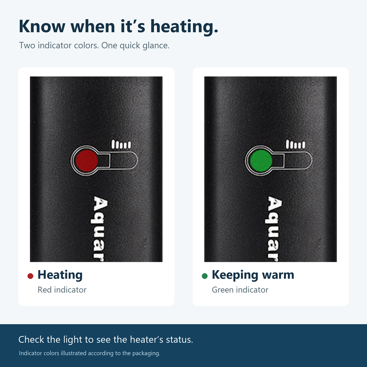 Preset aquarium heater red heating and green keeping warm indicators