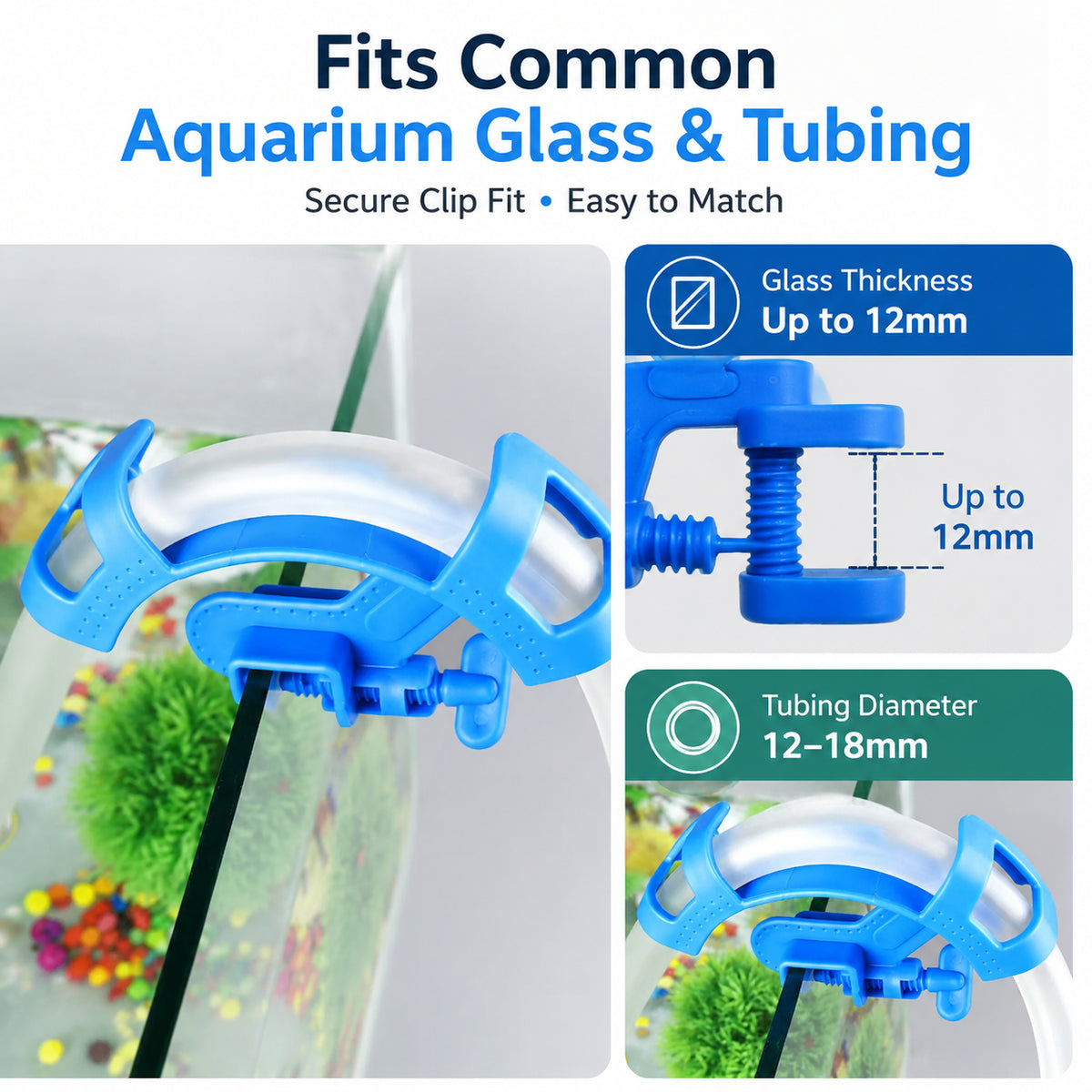 Aquarium hose holder fits glass up to 12mm and tubing diameter 12-18mm