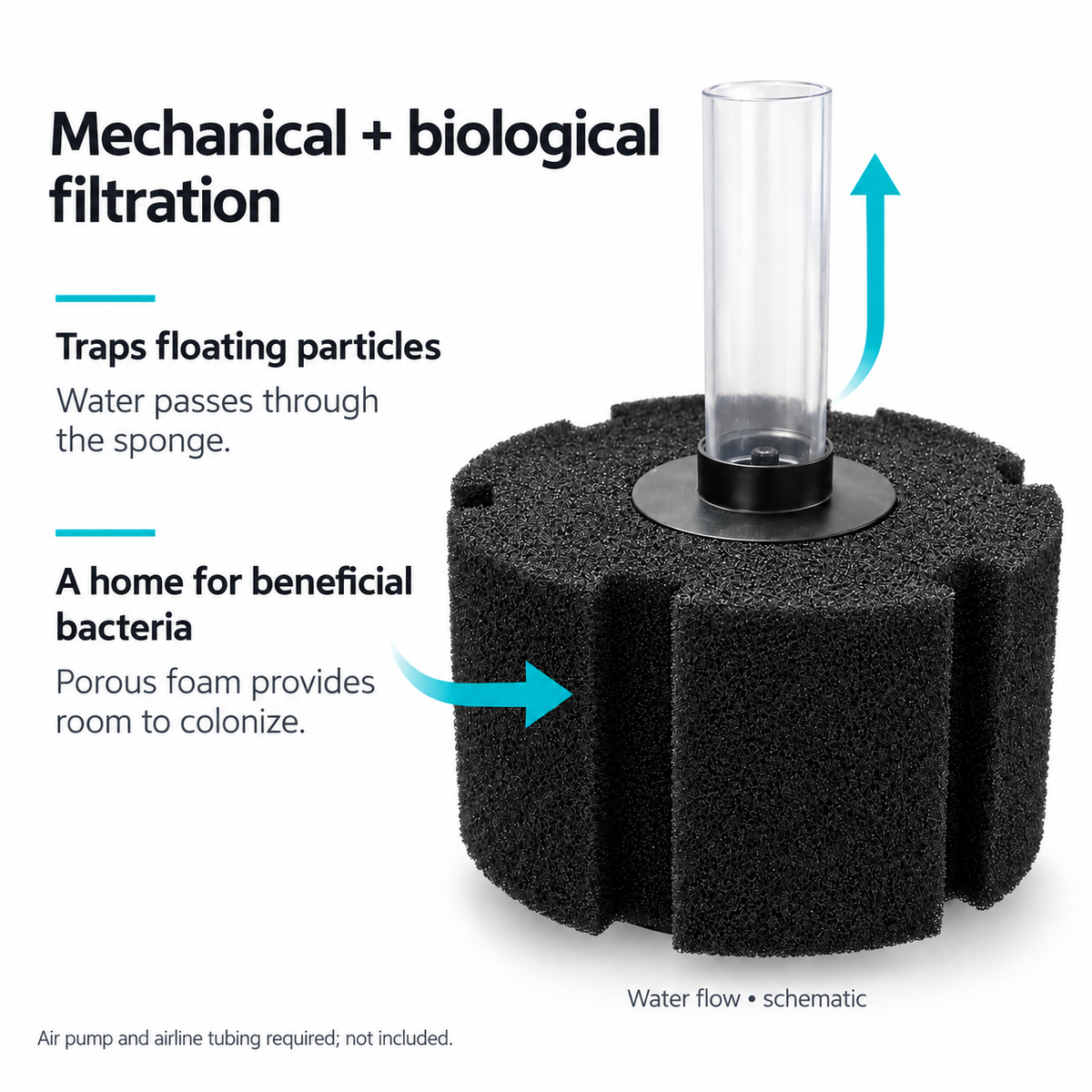 Aquarium sponge filter providing mechanical and biological filtration