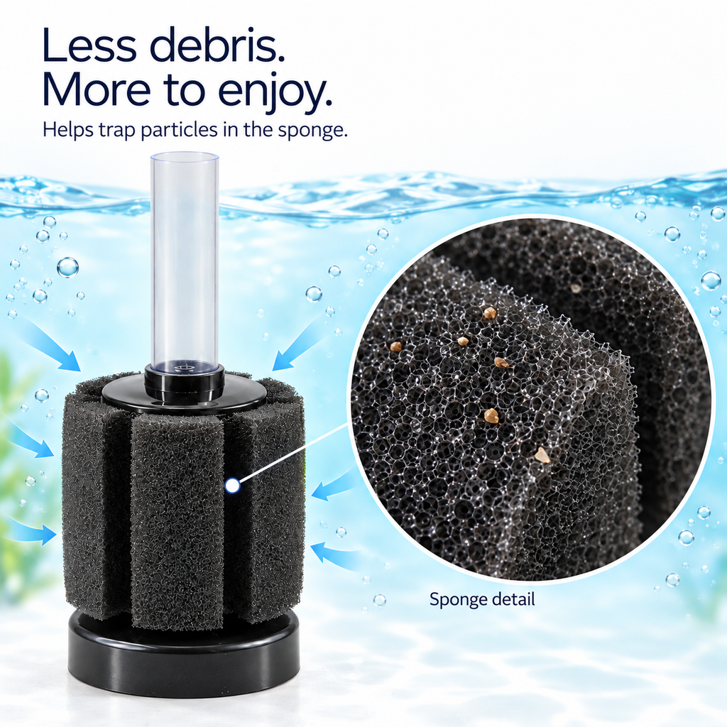 XY-2835 aquarium sponge filter helping trap particles in the porous sponge