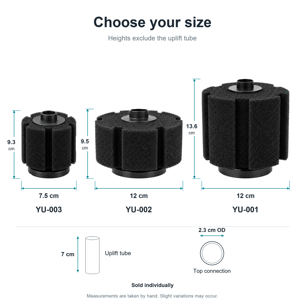Small Medium and Large aquarium sponge filter size comparison