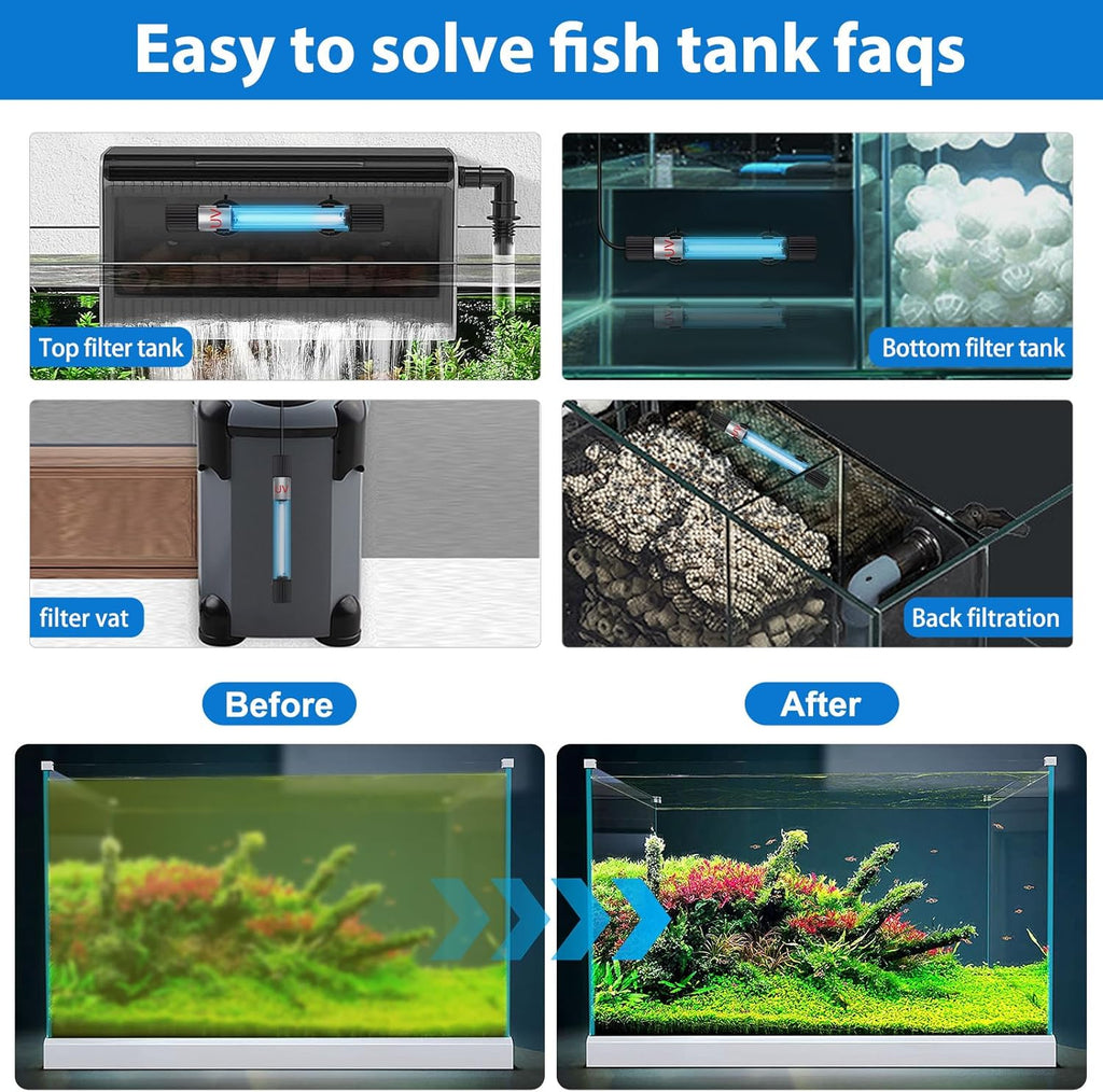Submersible aquarium UV-C light installed in different filtration systems