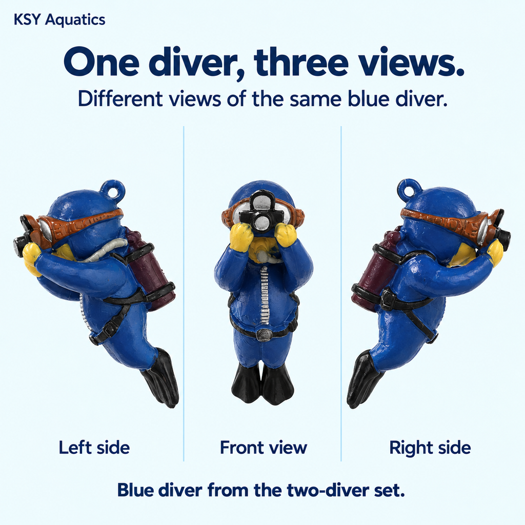 Blue floating diver aquarium ornament shown from three angles