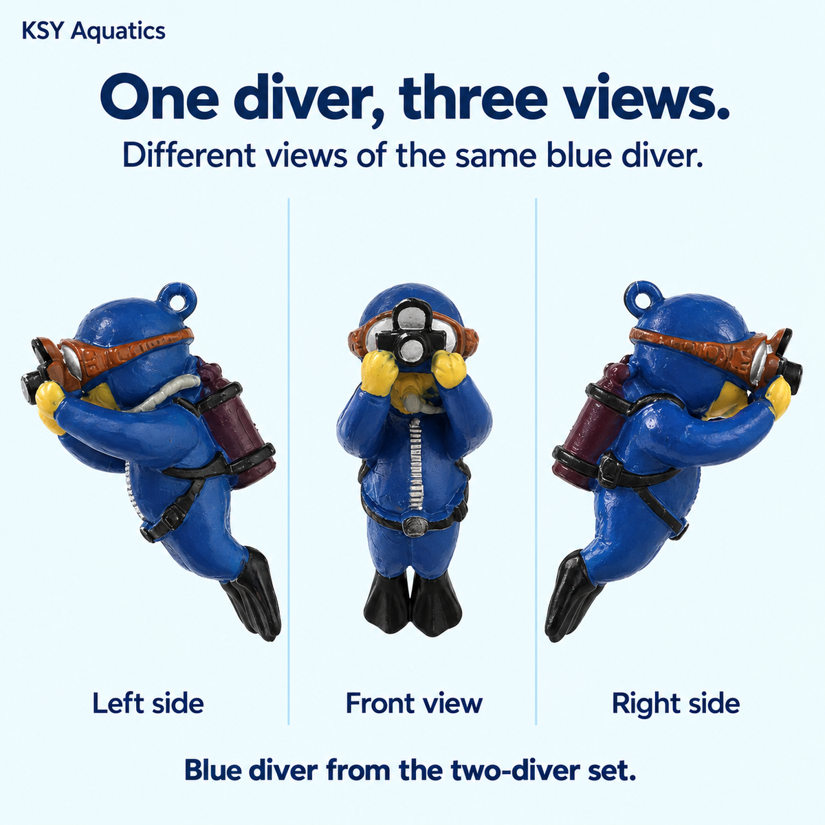 Blue floating diver aquarium ornament shown from three angles