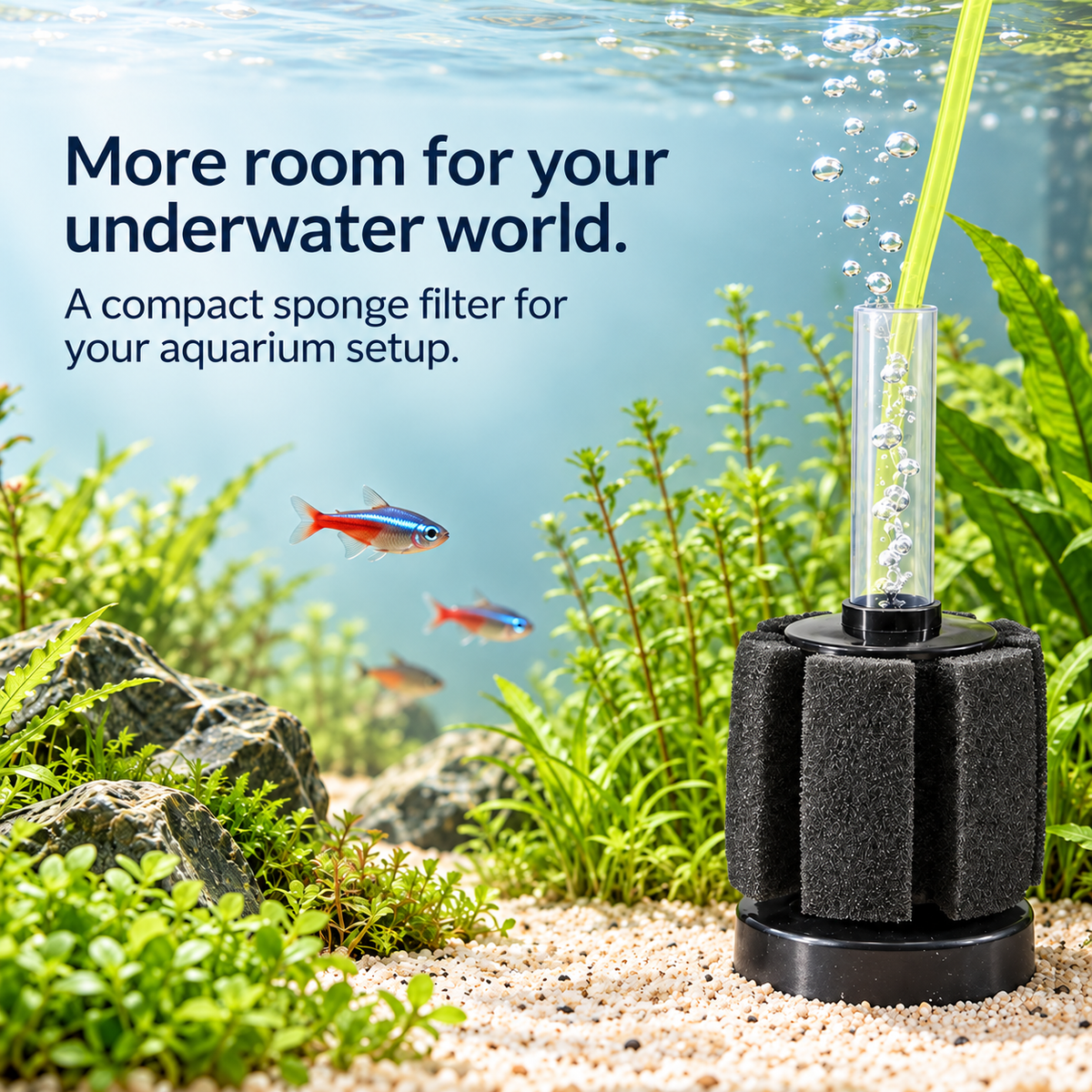 Compact XY-2835 sponge filter installed in an aquarium