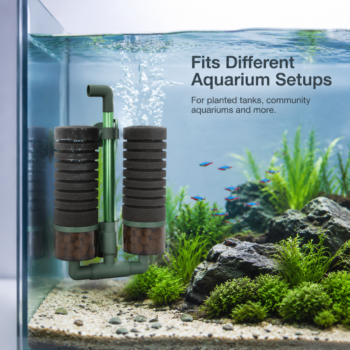 dual sponge bio filter installed in planted aquarium
