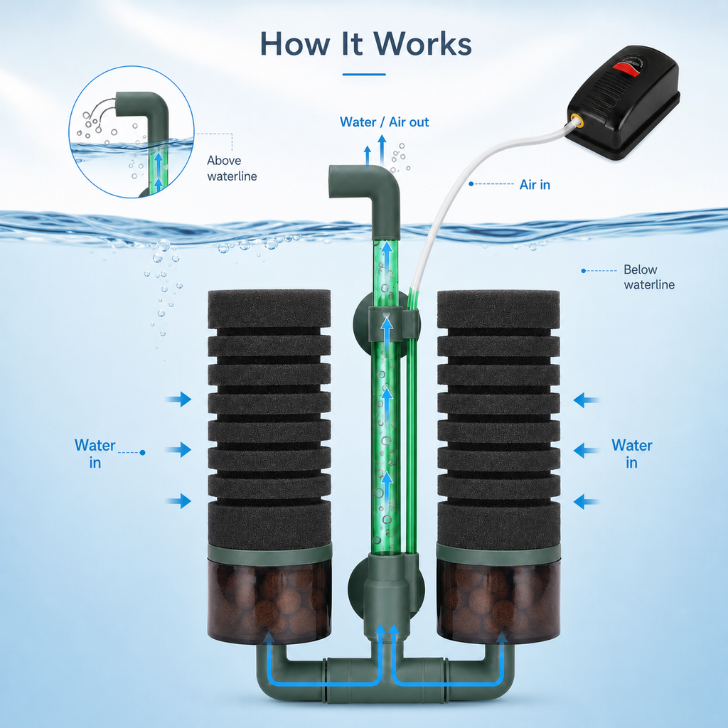 how dual sponge bio filter works in aquarium