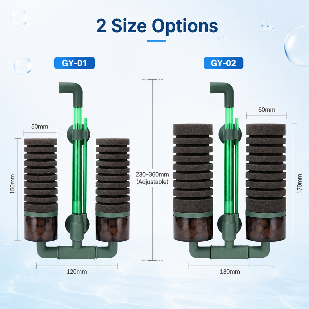 GY-01 and GY-02 dual sponge bio filter size comparison
